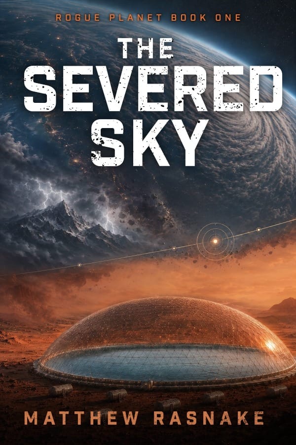 The Severed Sky - Matthew Rasnake. This book cover features a storm-shrouded Earth, an inset of a storm-embattled mountain peak, and a small Marian colony with dome-enshrouded lake.