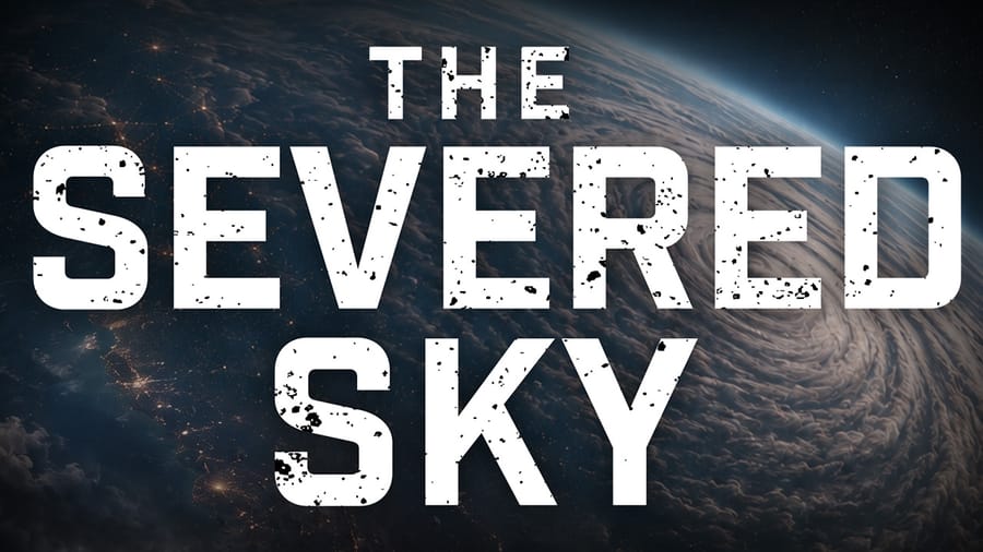 Book Cover clip featuring the title "The Severed Sky" in a distressed block font, above an image of a storm enshrouded Earth.
